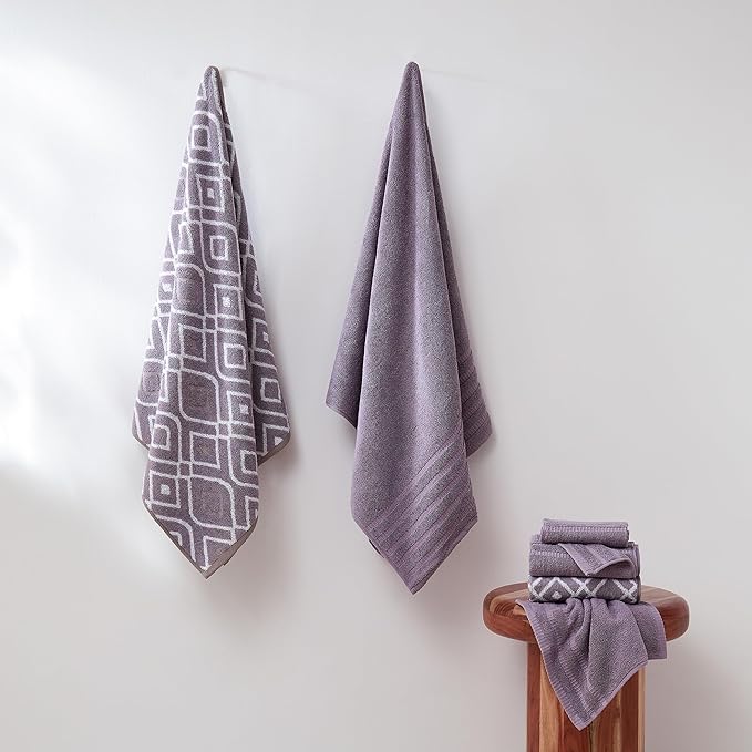 Modern Threads Oxford 6-Piece 100% Cotton Towel Set – Yarn Dyed Jacquard & Solid – Includes 2 Bath Towels, 2 Hand Towels, 2 Washcloths – Absorbent, Quick Dry, Soft & Durable – Lavender