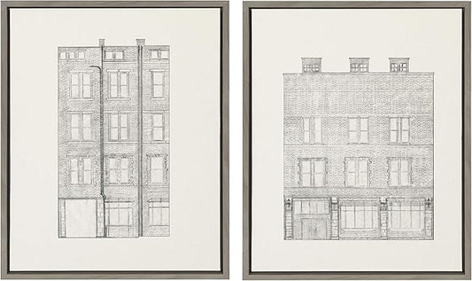 Kate and Laurel Sylvie Brick Building Façade Framed Canvas Wall Art by Viola Kreczmer, Set of 2, 18x24 Gray, Boho Chic Wall Decor