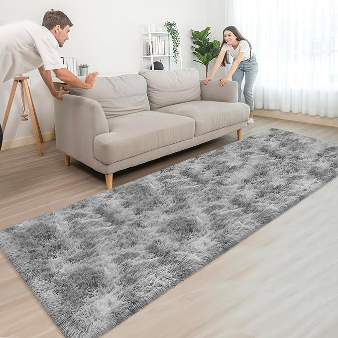 Super Soft Fluffy Living Room Area Rug 3x10 ft Tie-Dyed Light Grey Shaggy Furry Carpet Washable Non-Slip Floor Rugs Bedroom Bedside Nursery Rug Fuzzy Boys Girls Dorm Home Decor Aesthetic