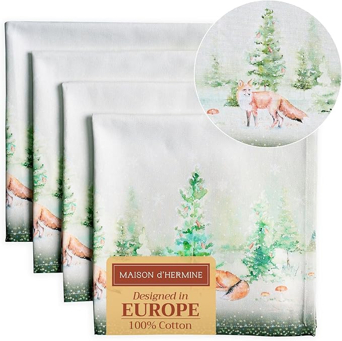 Maison d' Hermine Cloth Napkins Set of 4 100% Cotton Everyday Reusable Square Napkins Cloth Washable, Dinner, Party, Wedding, Restaurant (Winter Mornings, 20" x 20")