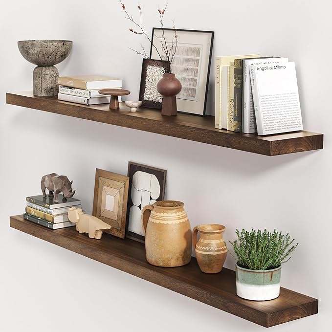 Rustic Floating Shelves, 48 Inch Floating Shelf Set of 2, Solid Wood Wall Mounted Shelves Dark Wood Shelves for Bedroom Bathroom Living Room - Dark Walnut