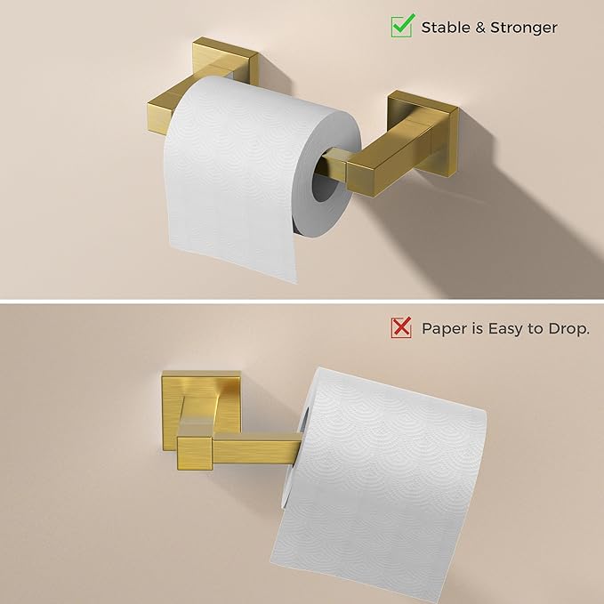 FORIOUS Toilet Paper Holder Set Wall Mount, SUS 304 Stainless Steel Pivoting Toilet Paper Holder and Towel Ring, Hand Towel Holder Set for Bathroom, Square Bathroom Hardware Set, Brushed Gold