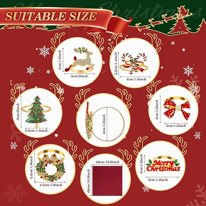 KPOSIYA 24pcs Christmas Napkin Rings Set of 12 and 12pcs Red Napkins Cloth, Metal Xmas Napkin Ring Holders for Winter Christmas Holiday Dinner Party Table Decoration