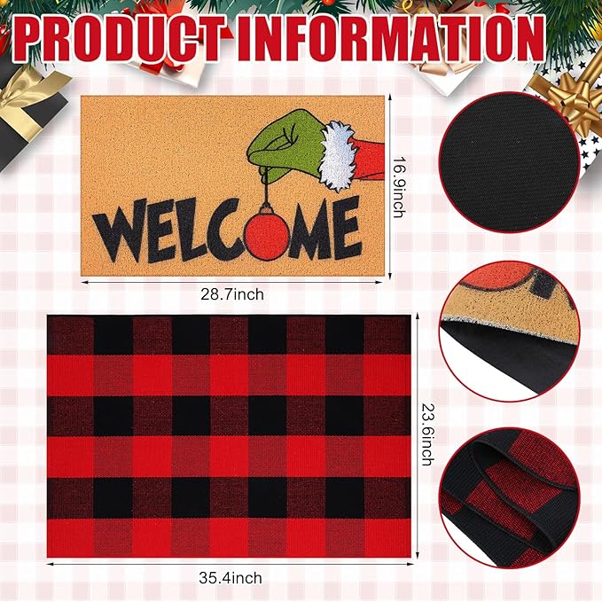 2 Pcs Christmas Welcome Door Mat Lime Green Hand Outdoor Welcome Mats for Front Door Non Slip Xmas Coir Floor Mat Black White Checked Christmas Rug for Outside Front Porch Entryway Decor