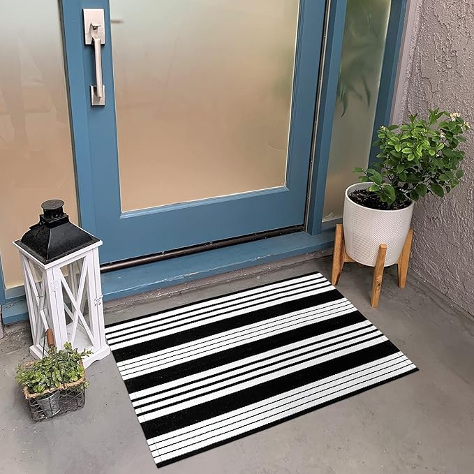 OJIA Fall Front Door Mat 24"x35" Black & White Front Door Rug Washable Entry Rug Cotton Handwoven Halloween Indoor Outdoor Doormat Small Area Rugs for Porch/Entrance