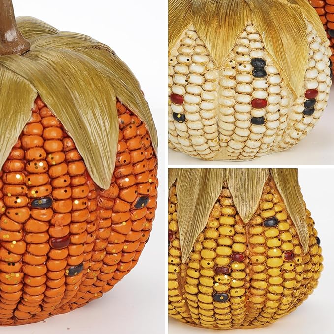 Briful Fall Corn Pumpkin Set 3PCS Resin Pumpkins Harvest Decorative Faux Corn Pumpkins for Home Thanksgiving Table Centerpiece Tray Display Indoor & Outdoor Autumn Decor