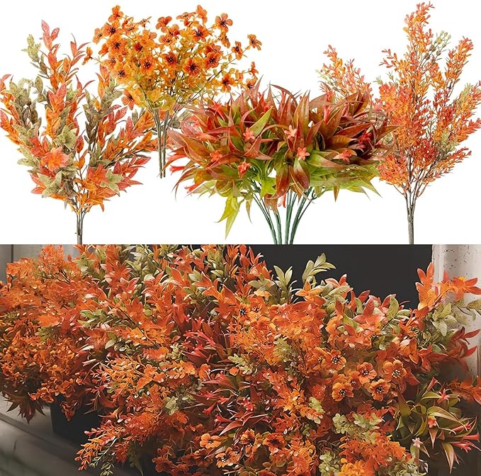 8pcs Fall Artificial Outdoor Branch with Eucalyptus Leaves for Indoor Outside Hanging Plants Garden Porch Window Box Home Wedding Farmhouse Décor