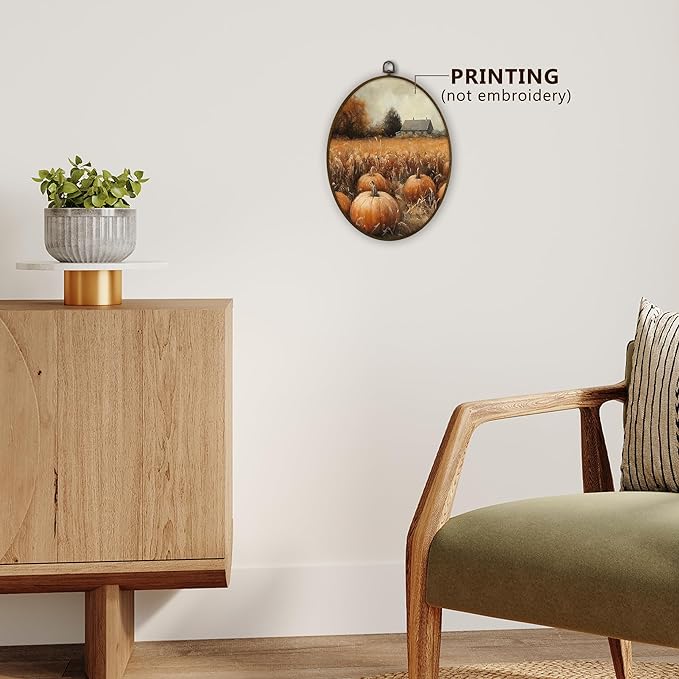 Gnmduw Rustic Fall Pumpkin Oval Wall Art Framed, Vintage Fall Pumpkin Canvas Prints Hanging Decor, Cottagecore Pumpkins Field Wildflower Wall Decor for Farmhouse Living Room Bedroom, 8.7x11.3 In