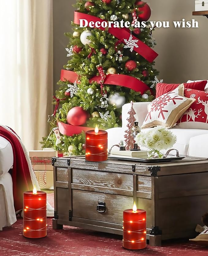 Da by Red Flameless Candles with String Lights, Battery Operated Candles with Remote Control and Timer,Flickering LED Pillar Candles for Home Décor,Real Wax,3 Pack -Red