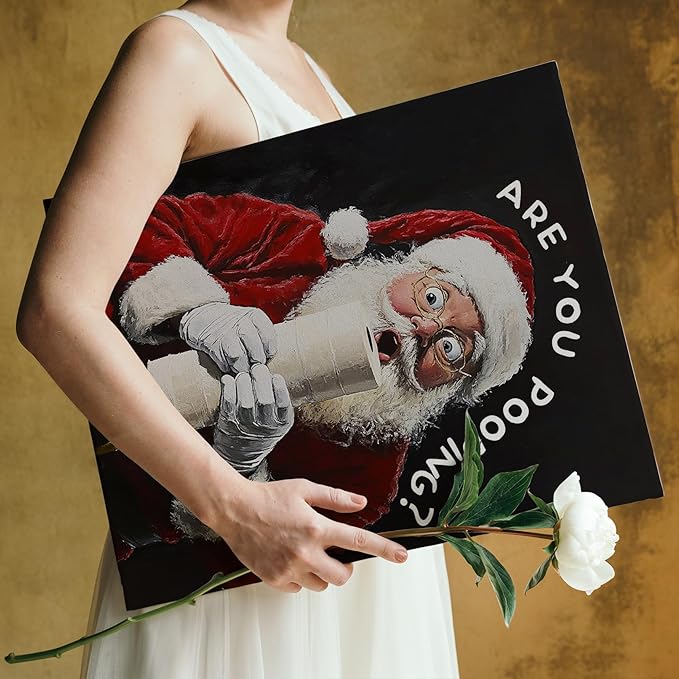 FITIE Black Christmas Santa Bathroom Canvas Wall Art Poster, Funny Are You Pooping Holiday Winter Christmas Framed Artwork Prints Wall Decor for Bathroom Washroom Restroom Toilet, 11x14 Inch