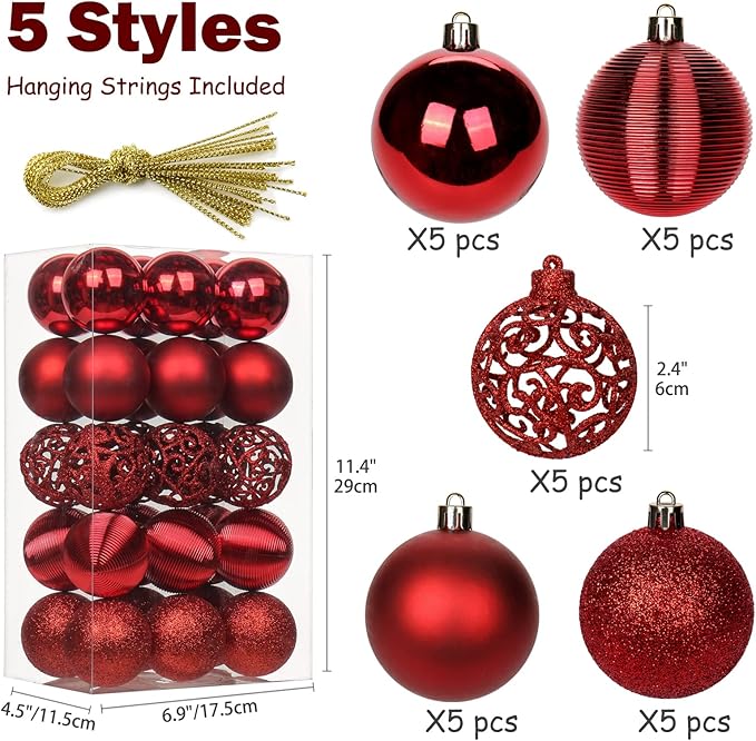 30PCS 2.36" Christmas Ball Ornaments Shatterproof Red Christmas Tree Decorations Xmas Tree Balls Halloween Ornaments Décor