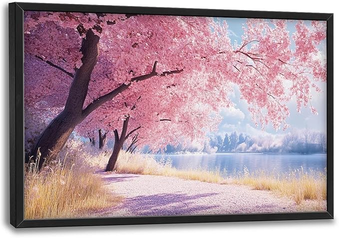 Cherry Blossoms Large Framed Wall Art Pink Tree of Life Pictures Oversized Natural Lake Landscape Wall Decor Spring Canvas Print Painting Modern Artwork for Living Room Bedroom Office Dining Room Home Decor 36L"x24W"