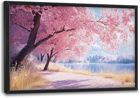Cherry Blossoms Large Framed Wall Art Pink Tree of Life Pictures Oversized Natural Lake Landscape Wall Decor Spring Canvas Print Painting Modern Artwork for Living Room Bedroom Office Dining Room Home Decor 36L"x24W"