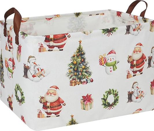 CLOCOR Collapsible Fabric Storage Container, Waterproof Toy Bin with Handles, Gift Basket (Watercolor Christmas)