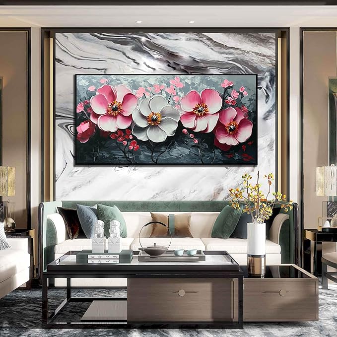 Pink and White Flower Wall Paintings for Bedroom - Bedroom Wall Decor for Teen Girls - Large Modern Hand Painted Framed Wall Art Size 29" x 59"