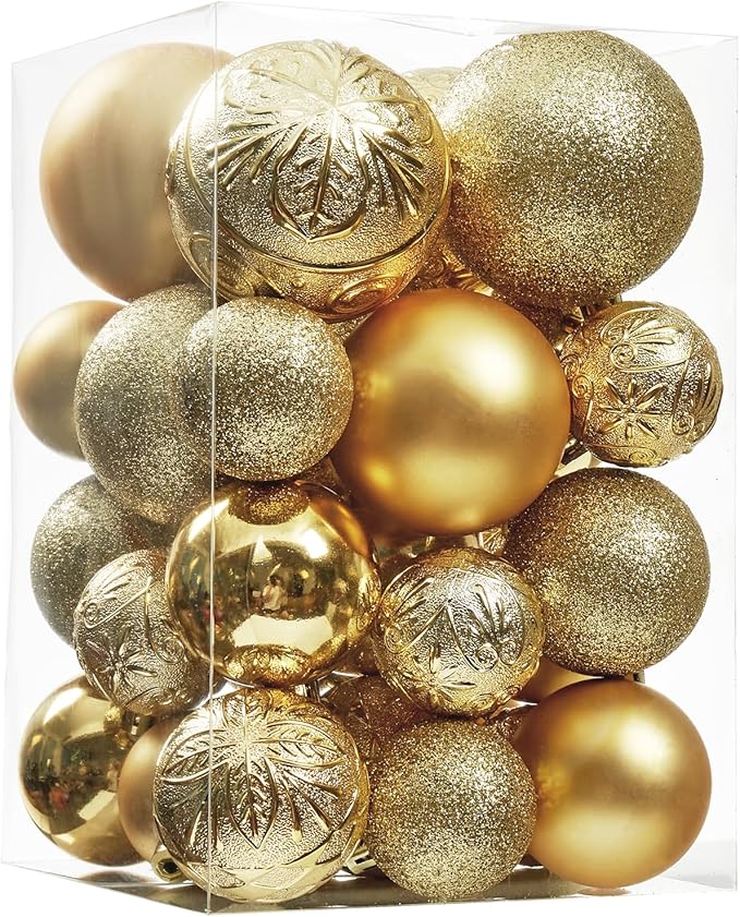 Wironlst Christmas Ball Ornaments - 30pcs Shatterproof Plastic Christmas Ornaments Hanging Ball Decorations for Xmas Tree, Holiday, Wedding, Party (Multi-Size, Gold)