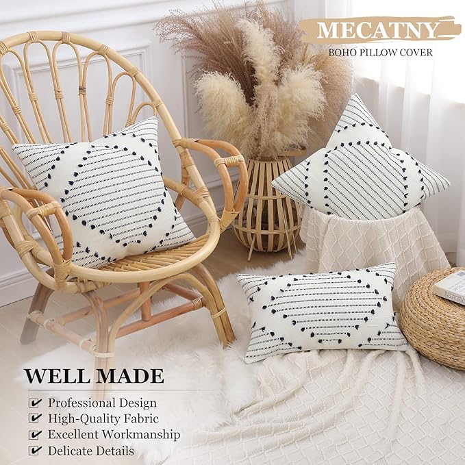 Mecatny Boho Outdoor Throw Pillow Covers 18X18 Set of 2, Farmhouse Decorative Pillow Covers for Couch Sofa Living Room, Navy & Cream White