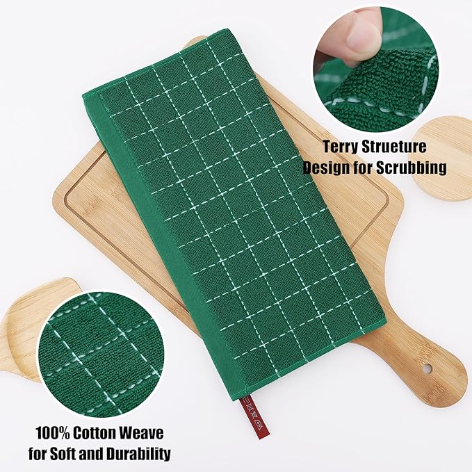 Homaxy 100% Cotton Terry Kitchen Dish Cloths, Ultra Soft and Absorbent Dish Towels for Kitchen, Perfect for Drying and Washing Dishes, 12 Pack, 12 x 12 Inches, Dark Green