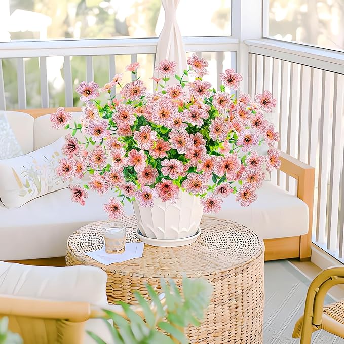 Agusbagli 10 Bundles Artificial Flowers Outdoor UV Resistant Fake Flowers No Fade Faux Plastic Greenery Shrub Plants for Wedding Home Garden Window Box Fireplace Thanksgiving Christmas Decor, Pink