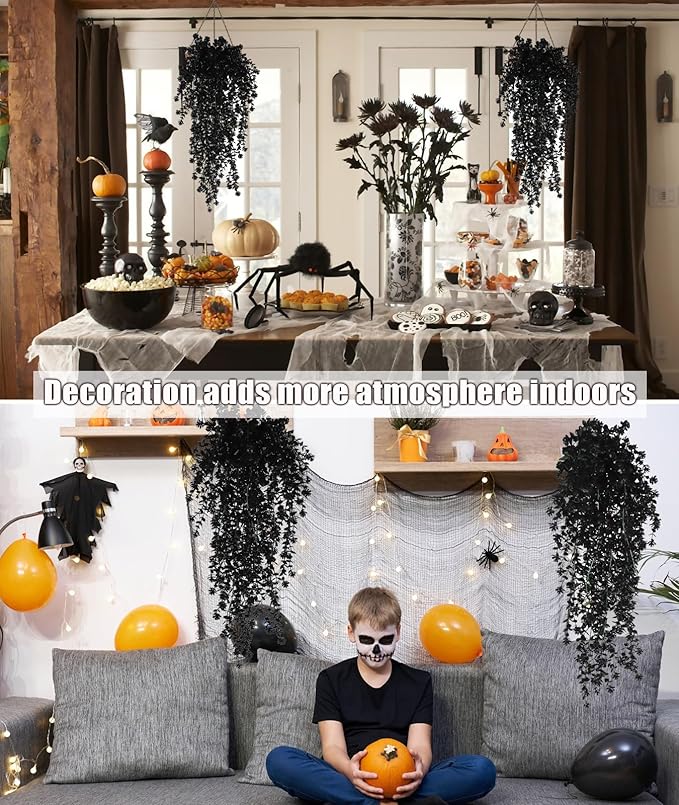 SJL Black Artificial Hanging Flower Faux Hanging Plants UV Resistant Indoor Plastic Leavse Flower Hang Ferns Artificial Plants Eucalyptus Faux Ivy Flowers Decor for Autumn Outdoor Room (Black)