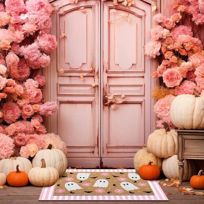 2 Pcs Halloween Door Mat Ghost Welcome Non Slip Coir Mats Pink Flower Cute Bat Stripe Floor Layering Doormats Seasonal for Front Porch Entryway Decor(Flower Ghost)