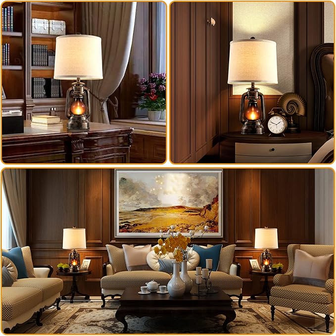 RORIANO Farmhouse Lantern Table Lamps for Living Room Set of 2, Vintage Bedroom Resin Lamp with Dual USB Charging Ports, Rustic Retro Bedside Nightstand Desk Lamp, 4 Bulb Included