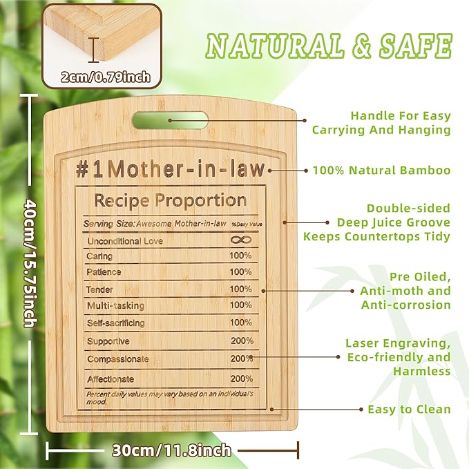 Joeyan Mother-in-Law Recipe Cutting Board Gift from Daughter-in-Law Son-in-Law, Personalized Engraved Kitchen Present for Birthday Christmas, Large Size, Heavy Duty, 16x12x0.8"