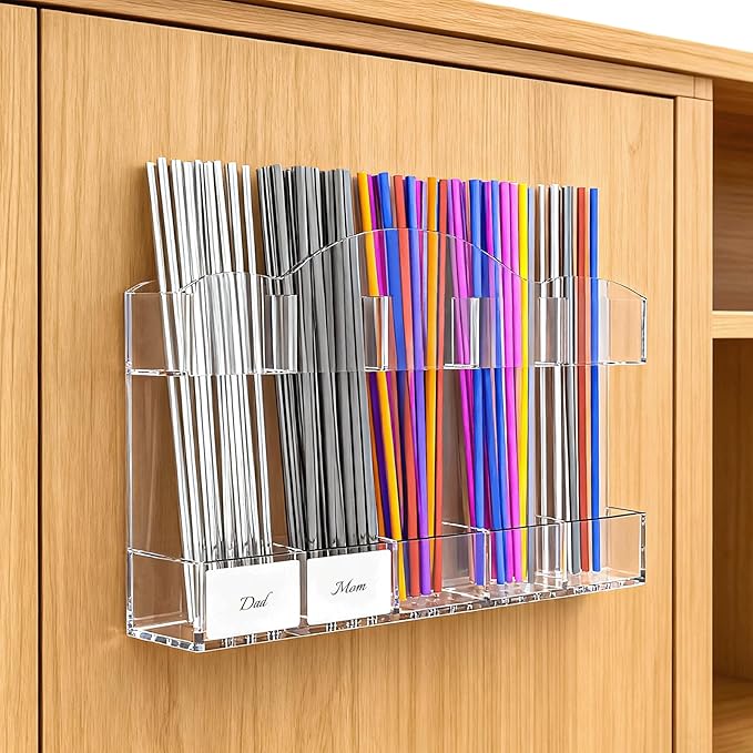 9.8" Acrylic Straw Holder for Cabinet Door - 5-Compartment Organizer with Ultra-Sticky Adhesive, Storage for Reusable Straws and Brushes, Kitchen & RV Essensials