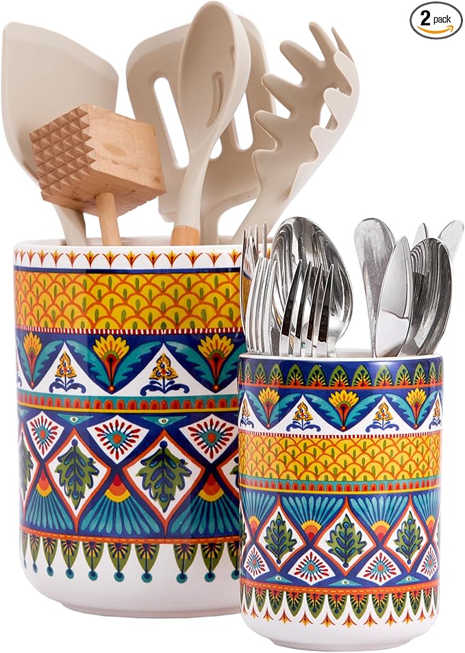 Bico Havana Ceramic Utensil Holder Set of 2, Ceramic Kitchen Utensil Crocks for Countertop, Large Cooking Tool Holder Counter Decor, Spatula Organizer