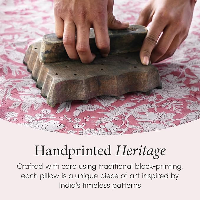 CPC 100% Cotton Throw Pillow Covers 18x18 Inch, Set of 2 Pink Block Print Pattern Couch Pillow, Cute Boho Decorative Pillows for Living Room, Bedroom with Hidden Zipper- Coral Pink