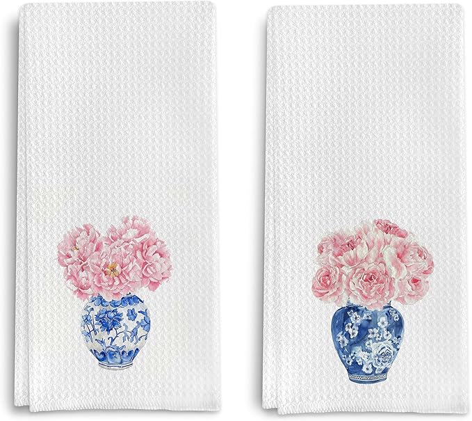 Chinoiserie Blue and White Porcelain Kitchen Towels Set of 2, Chinoiserie Decor Dish Towels for Kitchen, Pink Floral Chinoiserie Decorative Hand Towels for Bathroom Kitchen, 16x24 Inches