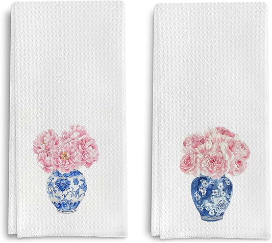 Chinoiserie Blue and White Porcelain Kitchen Towels Set of 2, Chinoiserie Decor Dish Towels for Kitchen, Pink Floral Chinoiserie Decorative Hand Towels for Bathroom Kitchen, 16x24 Inches