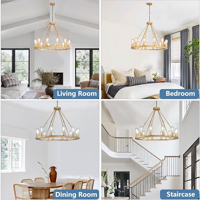 9MMML Gold Wagon Wheel Chandelier, 12-Light Industrial Pendant Light, 31.5'' Farmhouse Ceiling Hanging Chandelier Light Fixture for Living Room, Bedroom, Entryway, Foyer