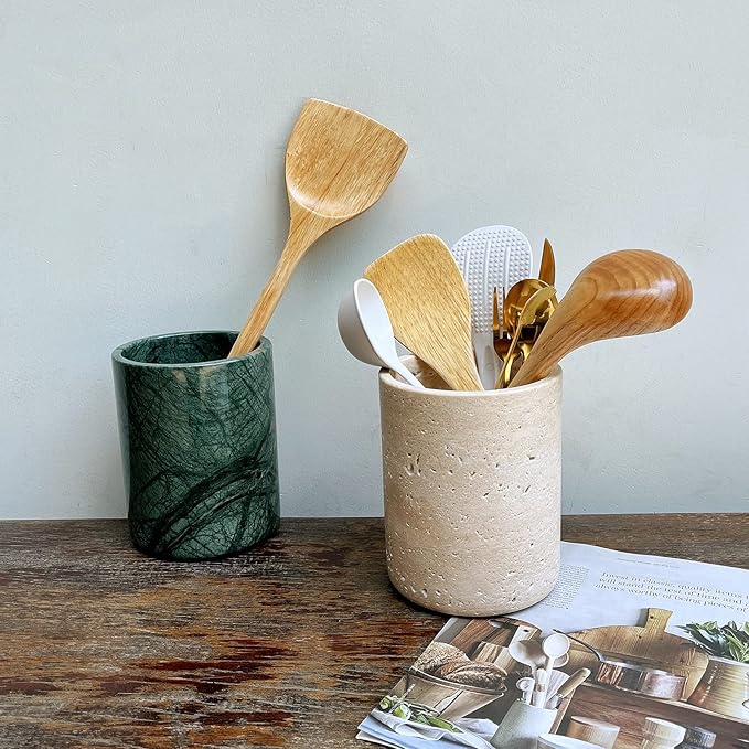 Handmand Natural Marble with Holes Stone Vintage Kitchen Utensil Holder - 5.1" D X 6.3" H Kitchen Counter Organizers and Storage Tool Crock (Beige Stone)