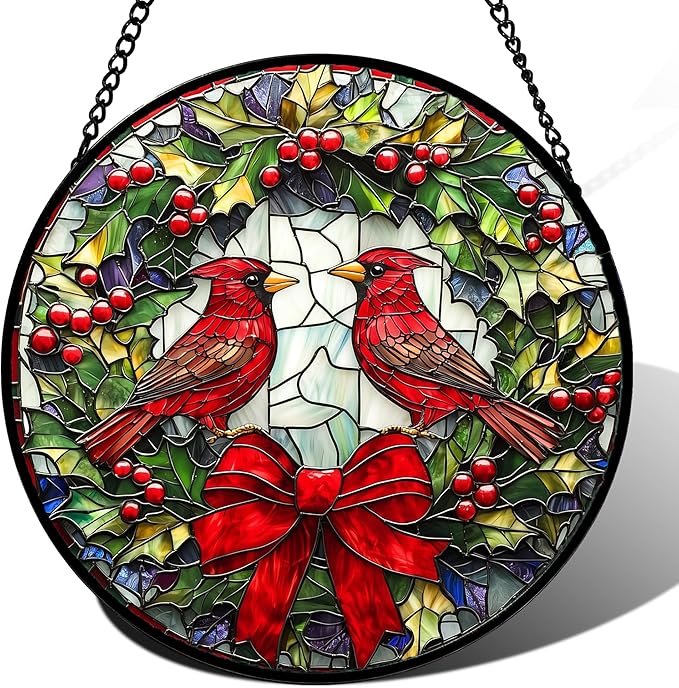 Stained Glass Window Hanging - Cardinals Green Wreath Suncatcher for Doors Home Christmas Decoration Red Bird Sun Catcher Thanksgiving New Year Birthday Gift for Women Men Mom Nana 14.9 in