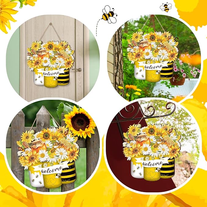 Spiareal Bee Welcome Yellow Hanging Front Door Summer Decorations for Home Hanger Wooden Sign Farmhouse Wall Bright Porch Decoration Art Wreaths for Front Door Outside All Season