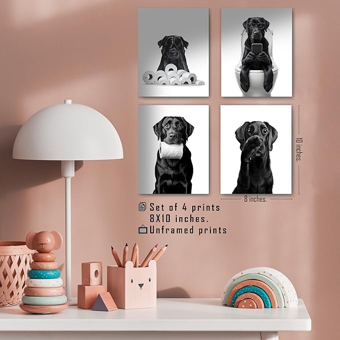 FITIE Funny Black Labrador Retriever Bathroom Wall Art Posters Set of 4, Dog Bathroom Decor, Toilet Humorous Black Lab Dog Canvas Prints Artwork Wall Decor for Bath Wash Room, 8x10 Unframed