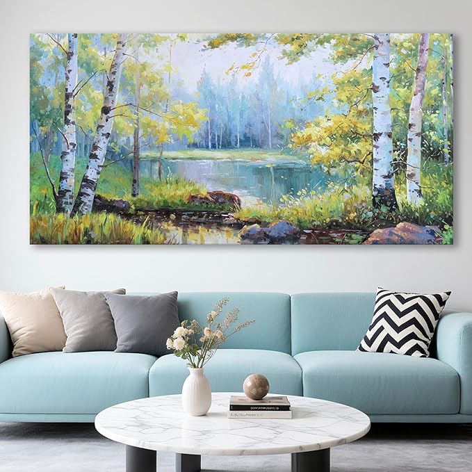 YCPRIMER Birch Tree Wall Art for Living Room Forest Wall Decor Green Trees Picture Lake Forest Landscape Painting Home Bedroom Decoration Green and White Artwork Decor Size 29×58Inch