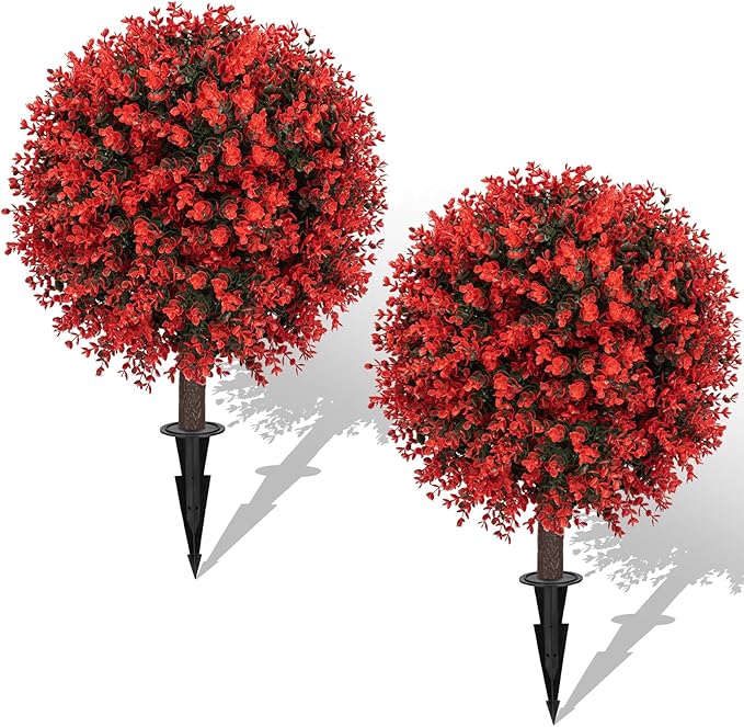 Set of 2 Artificial Red Boxwood Topiary Ball Bush for Outdoor with Ground Spike 22", UV Resistant Faux Greenery Shrubs, Fake Red&Green Boxwood Plants for Garden, Yard, Porch, Patio Decor