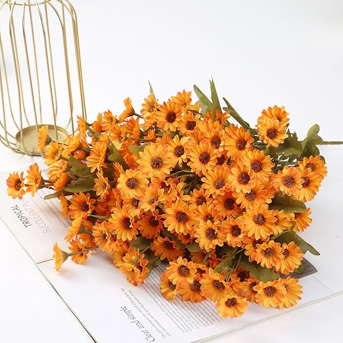 Sggvecsy 8 Bundles Artificial Fall Flowers Faux Mums Fake Silk Orange Daisy Bulk UV Resistant Plants Floral Arrangement for Indoor Outdoors Garden Home Wedding Thanksgiving Autumn Decor