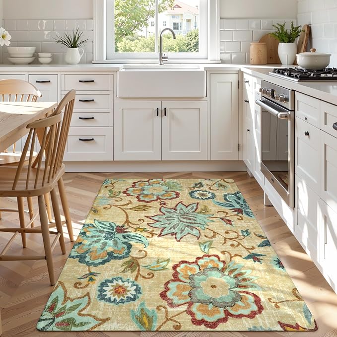 Lahome Floral Living Room Rug - 3x5 Area Rugs for Bedroom Machine Washable Non-Slip Throw Kitchen Entryway Rug Soft Beige Paisley Print Distressed Capet for Office Laundry Room Dining Room Bathroom