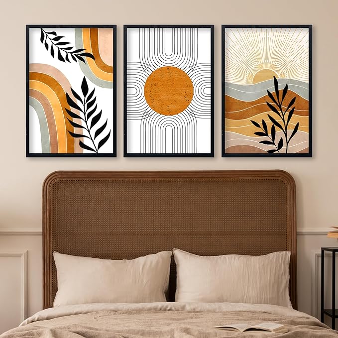 Geometric Sun Desert Plant Wall Art 16"x11" Set Of 3 Boho Wooden Framed Abstract Minimalist Sign Living Room Aesthetics Botanical Nature Illustrations Bedroom Office Wall Hanging Decor (Black)
