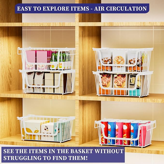 Enhanced Leak-Proof Bottom Stackable Wire Baskets, 6 Pack Pantry Organizers and Storage, pantry storage，Shelf Baskets, Fruit Basket, Potato and Onion Storage Bins，(White)
