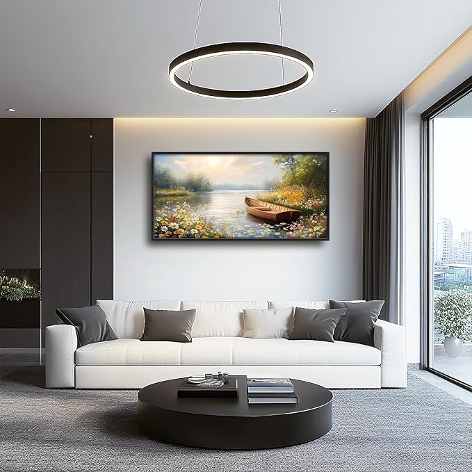 Framed Large Wall Art for Living Room, Lake Boat Canvas Wall Decor, Flower Pictures Painting, Natural Landscape Artwork for Living Room Bedroom Office 60L'' × 30W''