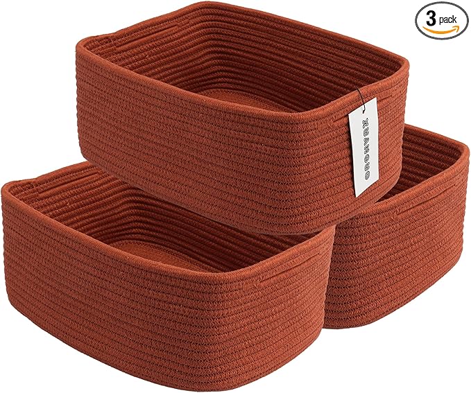 Small Woven Storage Baskets 12“X8”X5“ Decorative Rope Bins for Organizing Shelves, Closets, and Toys, Empty Gift Baskets, Cute Organizer Basket for Home and Office (rustic, regular)