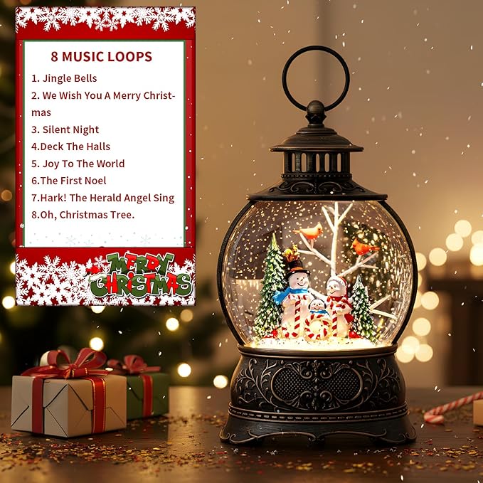 Christmas Snow Globe Lighted Snowman Family&Cardinal Scene, Musical Snow Water Lantern Swirling Glittering Home Decoration and Gift, Battery Operated or USB Powered