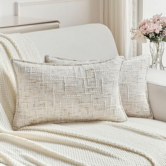 FUTEI Cream Decorative Throw Pillow Covers 12x20 Inch Set of 2,Soft Chenille Tweed Textured Lumbar Pillow Case,Modern Home Decor for Couch Bed Living Room