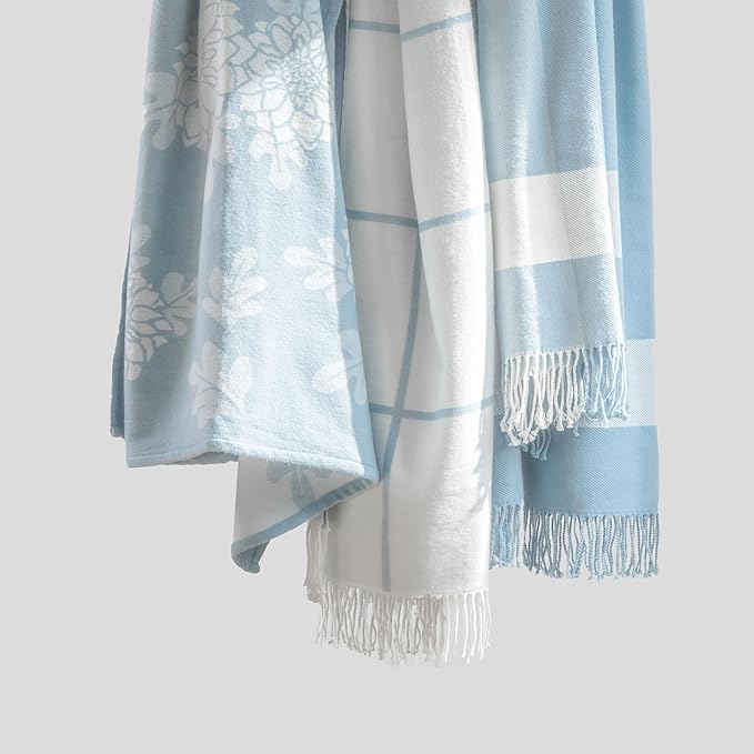 Hofdeco Premium Coastal Decorative Throw Blanket for Patio Couch Sofa, Baby Blue Plaid with Fringe, 52"x71"