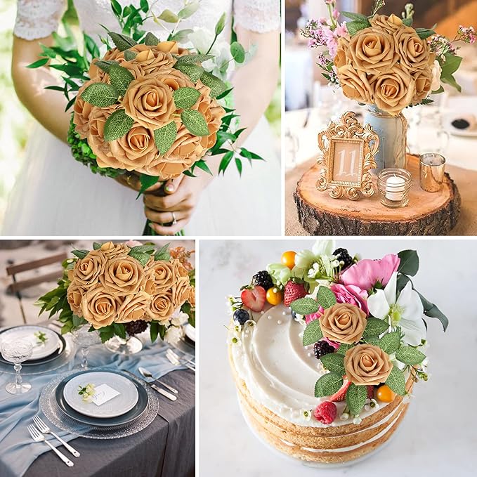 AmyHomie Artificial Flower Gold Rose 25pcs Real Looking Fake Roses w/Stem for DIY Wedding Bouquets Centerpieces Arrangements Party Baby Shower Home Decorations