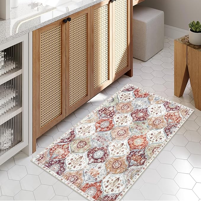 Lahome Washable Entryway Rug, 2x4 Kitchen Rugs for Entryway Bathroom, Non-Slip Indoor Door Mat Ultra-Thin, Small Oriental Throw Carpet for Bedroom Entry, Orange/Terracotta